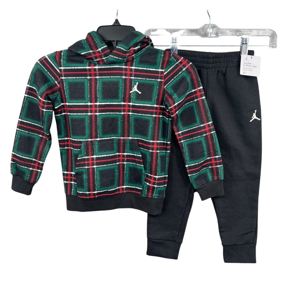 Jordan 2-Piece Fleece Hoodie Jogger Set Toddler 4T Black Plaid‎ Red Green NWT